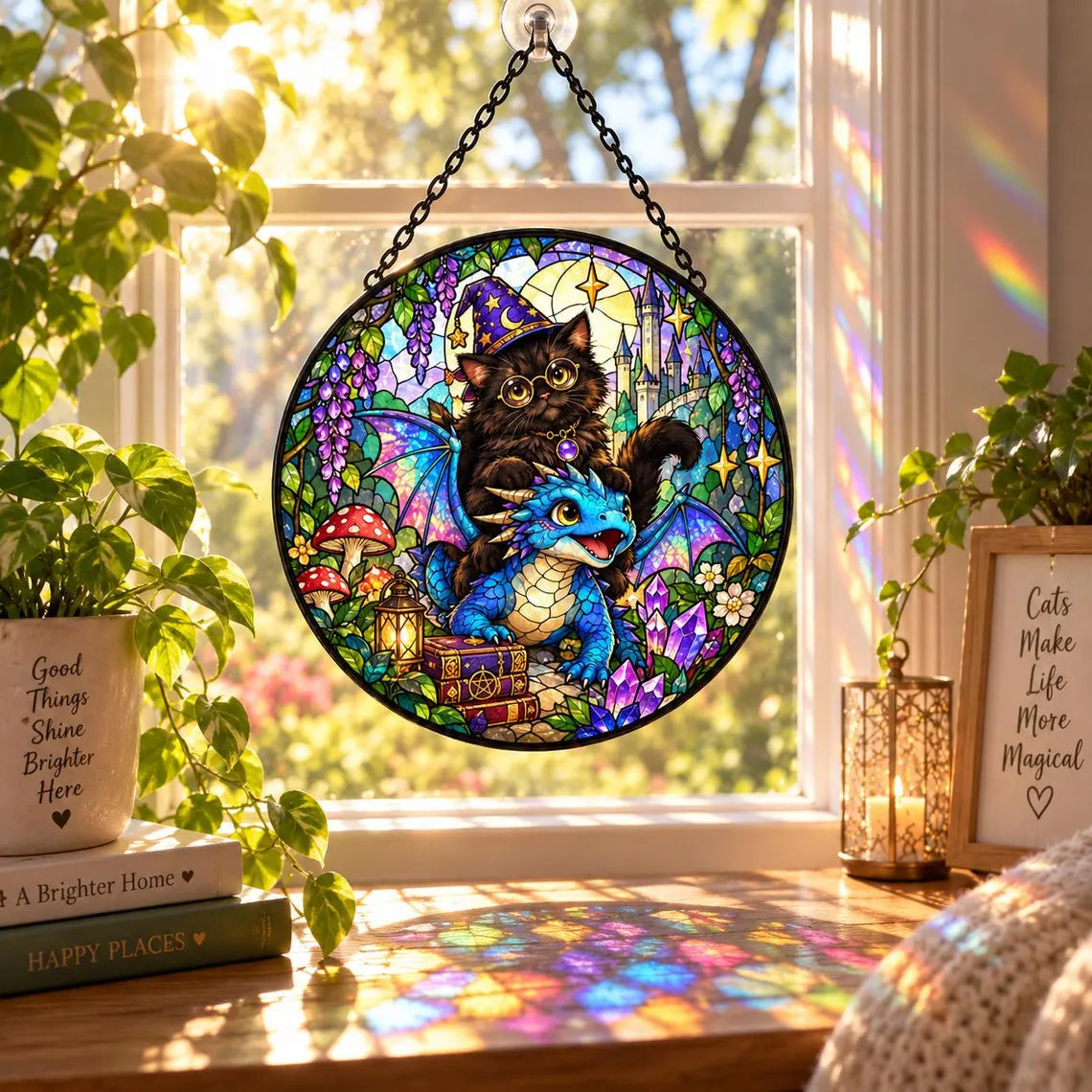 Cat and Dragon Fantasy Stained Glass Suncatcher Ornament