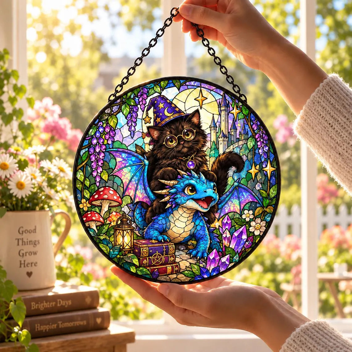 Cat and Dragon Fantasy Stained Glass Suncatcher Ornament