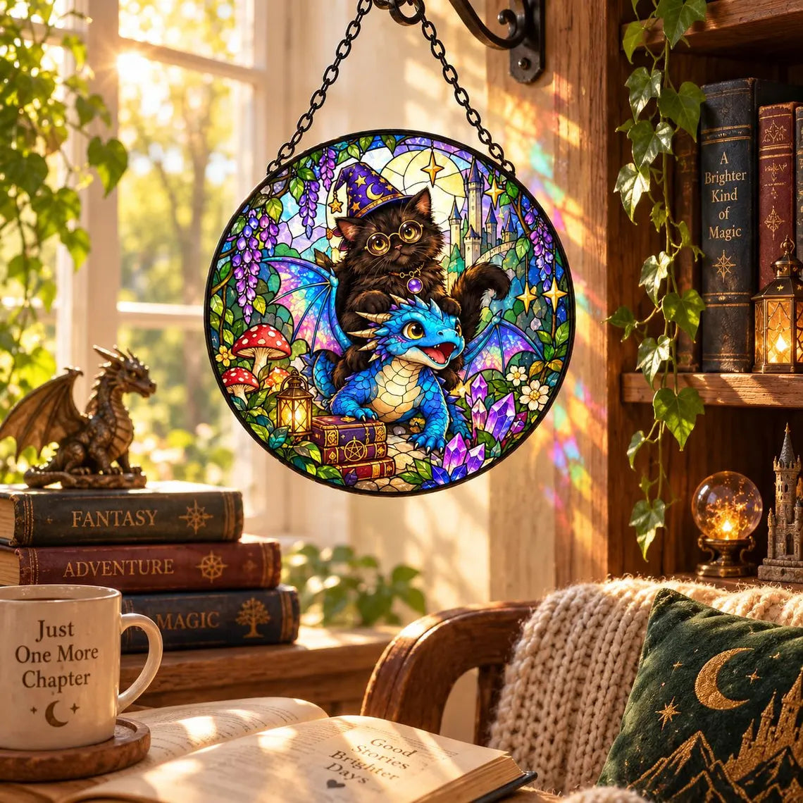 Cat and Dragon Fantasy Stained Glass Suncatcher Ornament