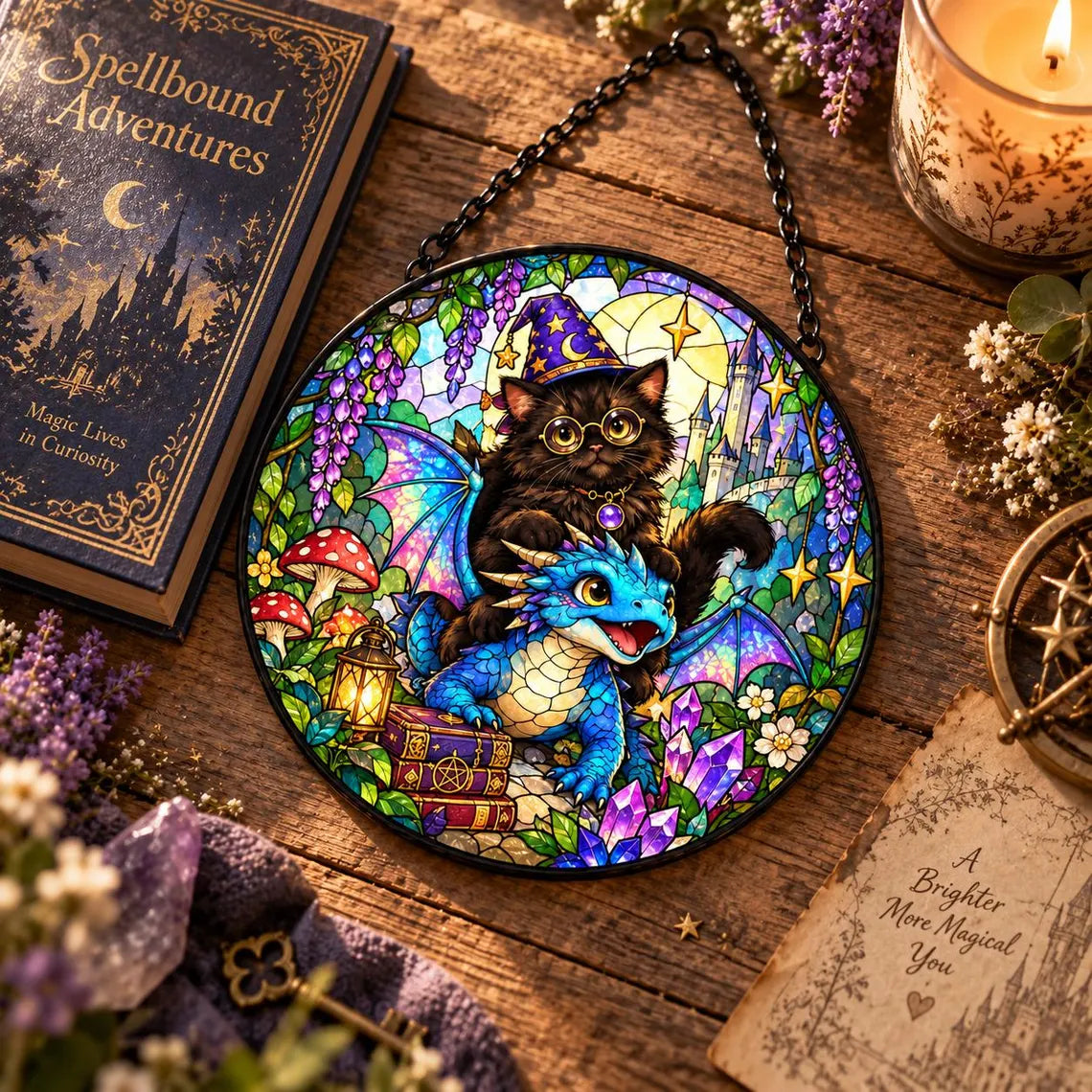 Cat and Dragon Fantasy Stained Glass Suncatcher Ornament