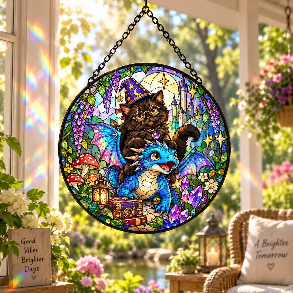 Cat and Dragon Fantasy Stained Glass Suncatcher Ornament