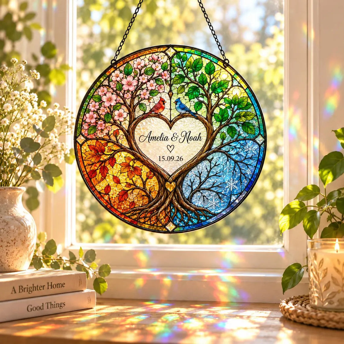 Four Seasons Tree of Life Custom Name Date Couple Stained Glass Suncatcher Ornament