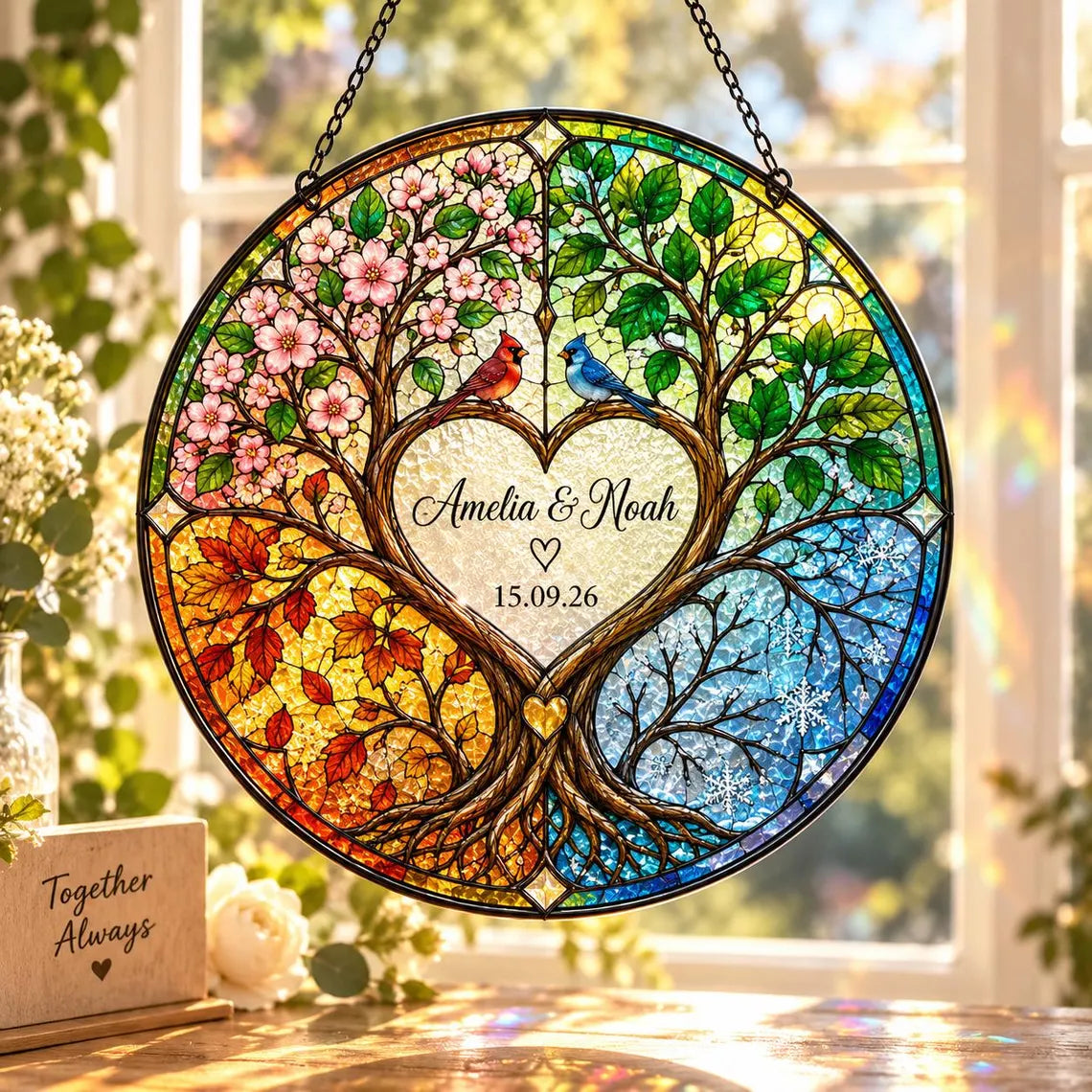 Four Seasons Tree of Life Custom Name Date Couple Stained Glass Suncatcher Ornament