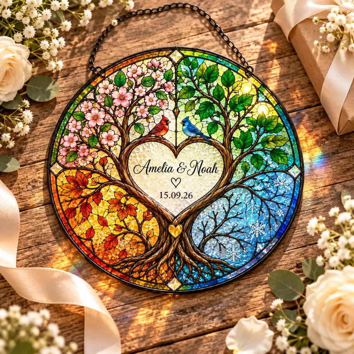 Four Seasons Tree of Life Custom Name Date Couple Stained Glass Suncatcher Ornament