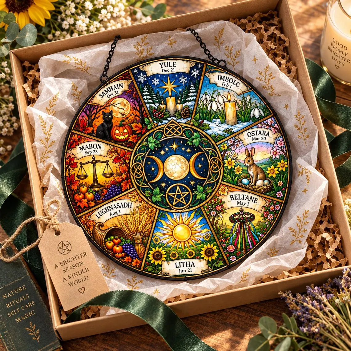 Wheel of the Year Pagan Seasons Stained Glass Suncatcher Ornament