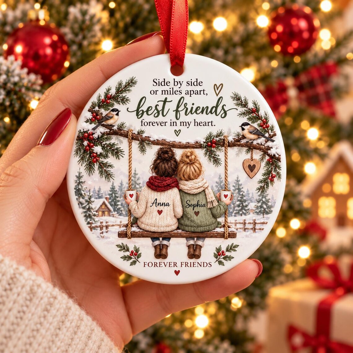 Best Friends Forever Custom Names Friendship Round Ceramic Christmas Ornament Best Friend Keepsake Gift