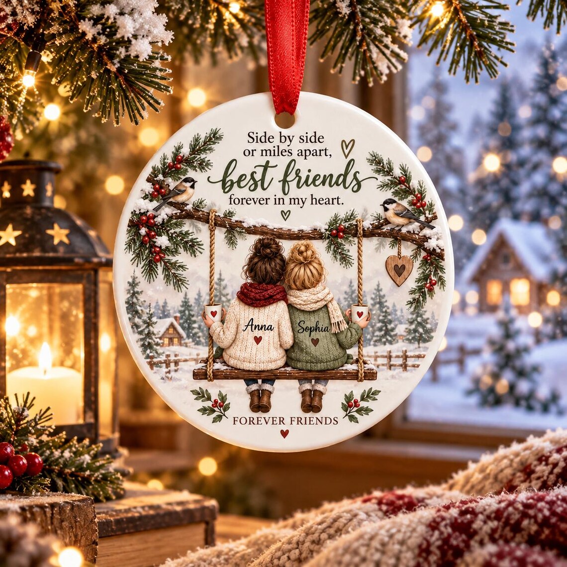 Best Friends Forever Custom Names Friendship Round Ceramic Christmas Ornament Best Friend Keepsake Gift