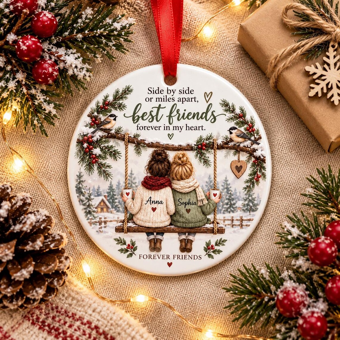 Best Friends Forever Custom Names Friendship Round Ceramic Christmas Ornament Best Friend Keepsake Gift
