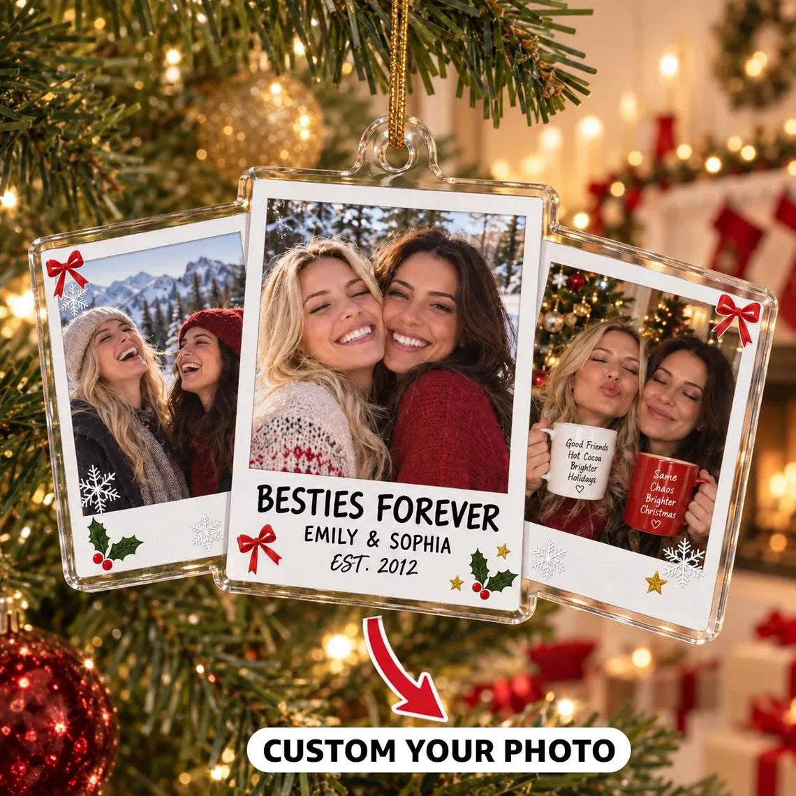 Besties Forever Custom Names Date Photo Friendship Acrylic Christmas Ornament Best Friend Keepsake Gift