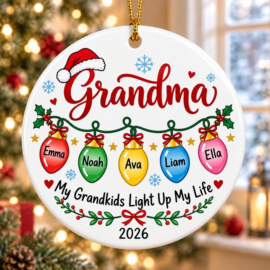 My Grandkids Light Up My Life Custom Name Date Family Round Ceramic Ornament