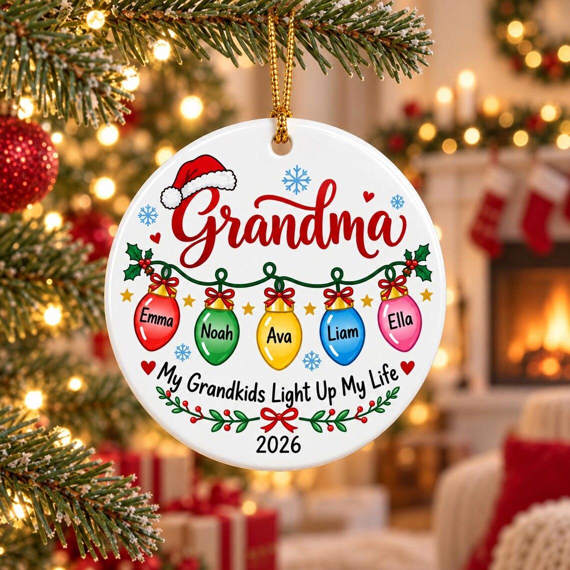 My Grandkids Light Up My Life Custom Name Date Family Round Ceramic Ornament