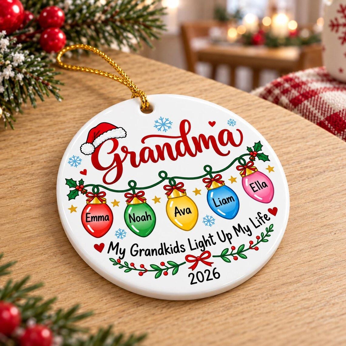 My Grandkids Light Up My Life Custom Name Date Family Round Ceramic Ornament