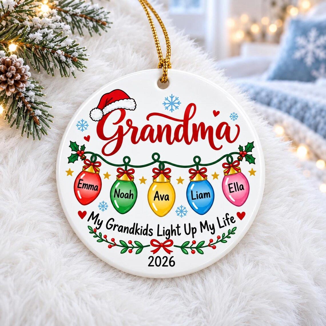 My Grandkids Light Up My Life Custom Name Date Family Round Ceramic Ornament