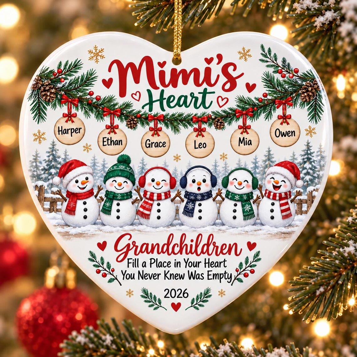 Grandchildren Fill a Place in Your Heart Custom Name Date Family Heart Ceramic Ornament