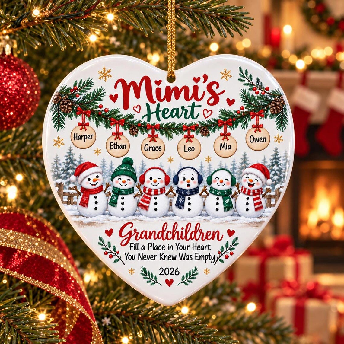Grandchildren Fill a Place in Your Heart Custom Name Date Family Heart Ceramic Ornament