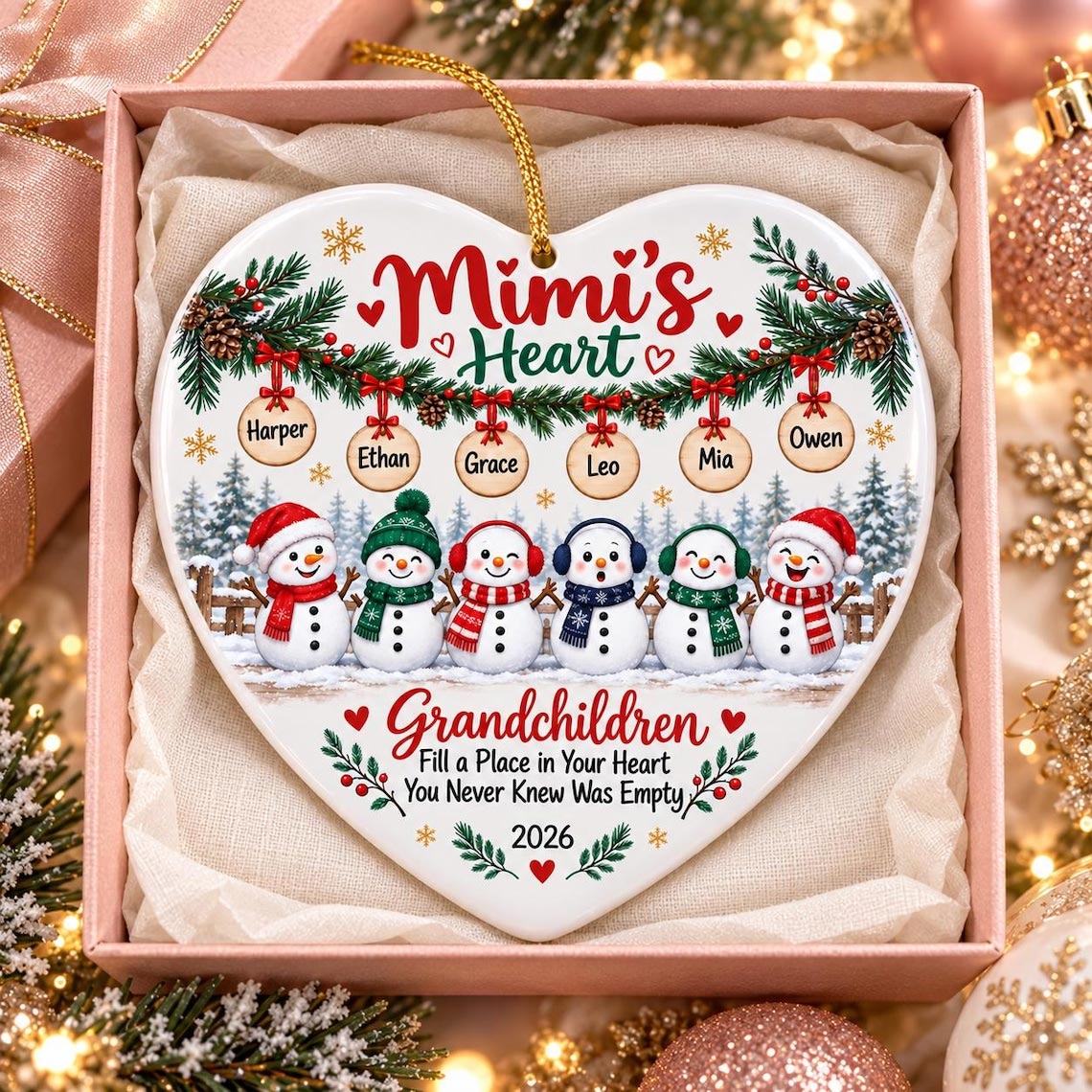 Grandchildren Fill a Place in Your Heart Custom Name Date Family Heart Ceramic Ornament