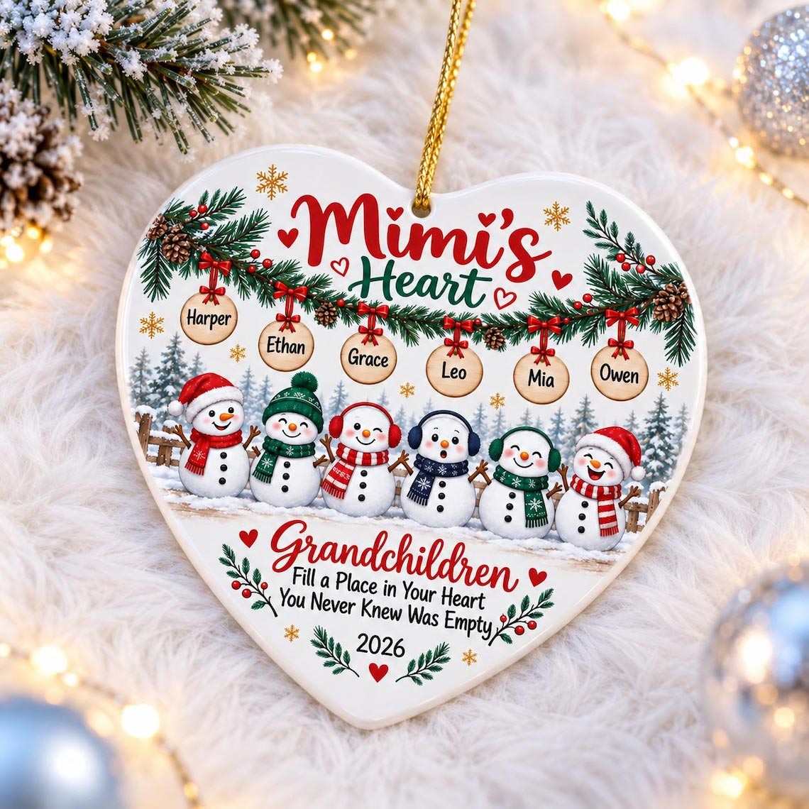 Grandchildren Fill a Place in Your Heart Custom Name Date Family Heart Ceramic Ornament