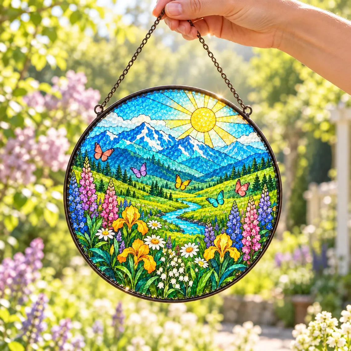 Mountain Meadow Landscape Stained Glass Suncatcher Ornament Nature Window Hanging Gift