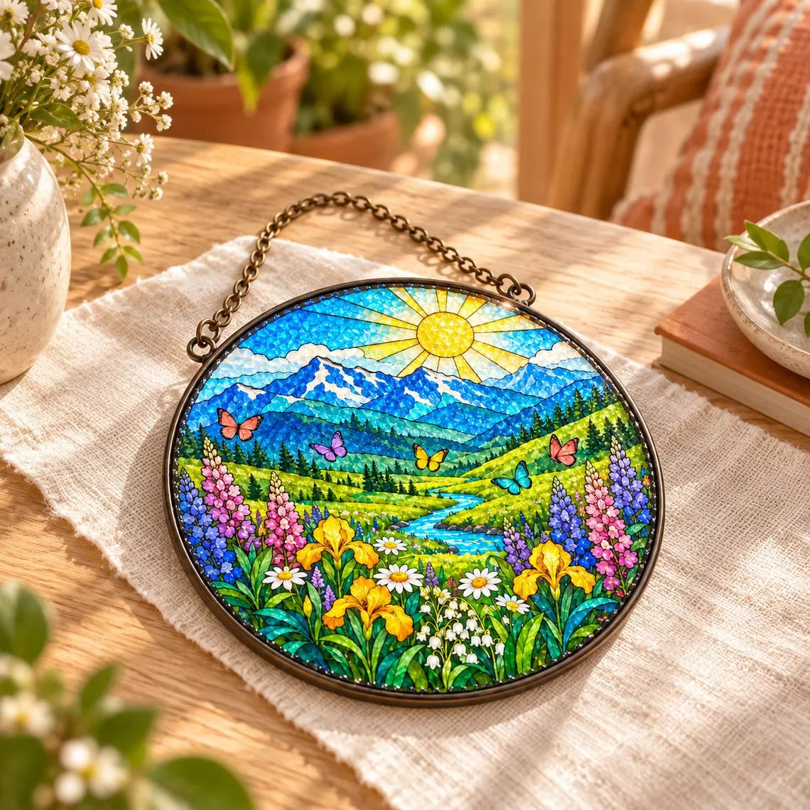 Mountain Meadow Landscape Stained Glass Suncatcher Ornament Nature Window Hanging Gift
