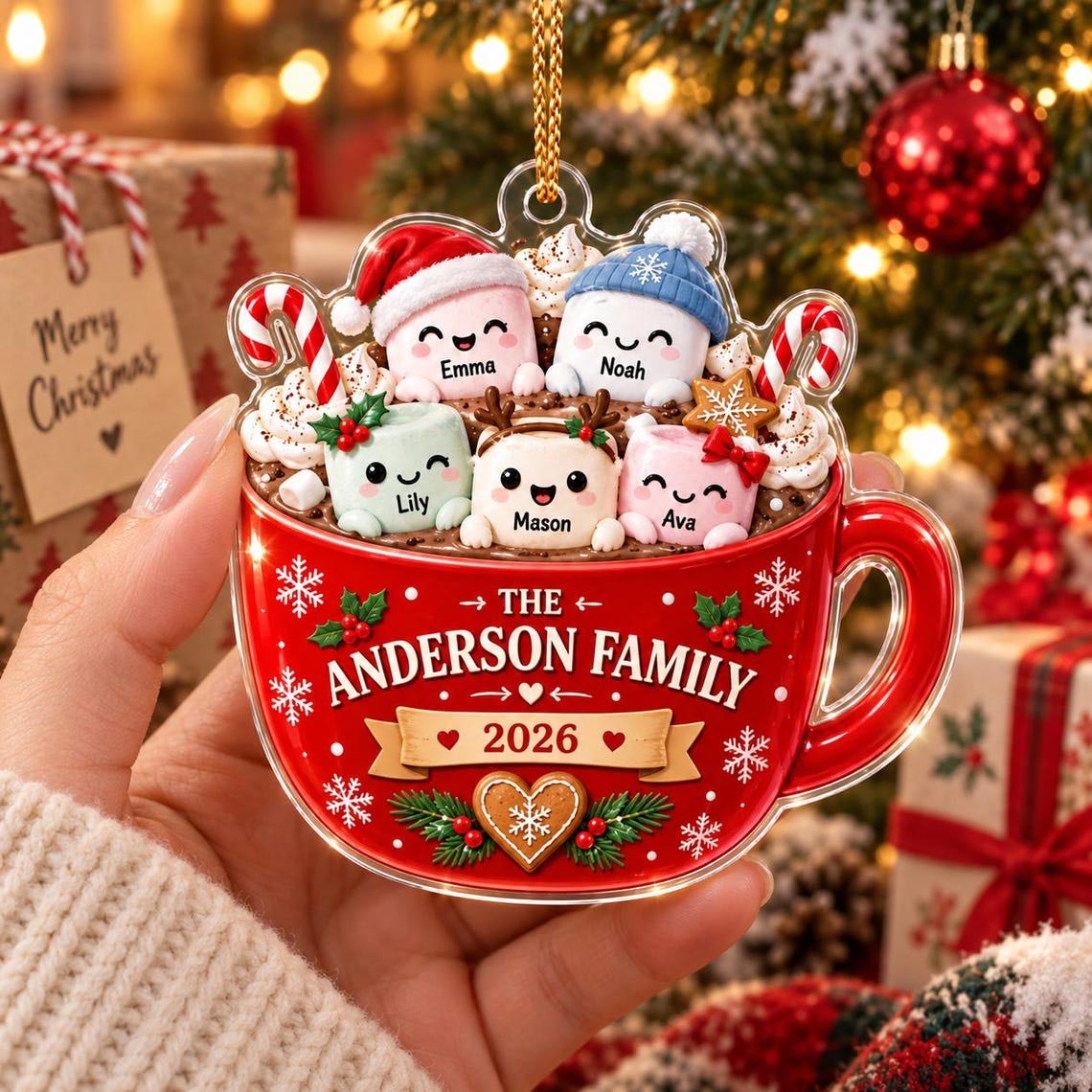 Christmas Hot Cocoa Family Custom Name Date Family Acrylic Ornament