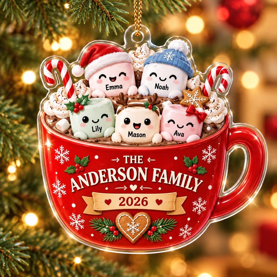 Christmas Hot Cocoa Family Custom Name Date Family Acrylic Ornament