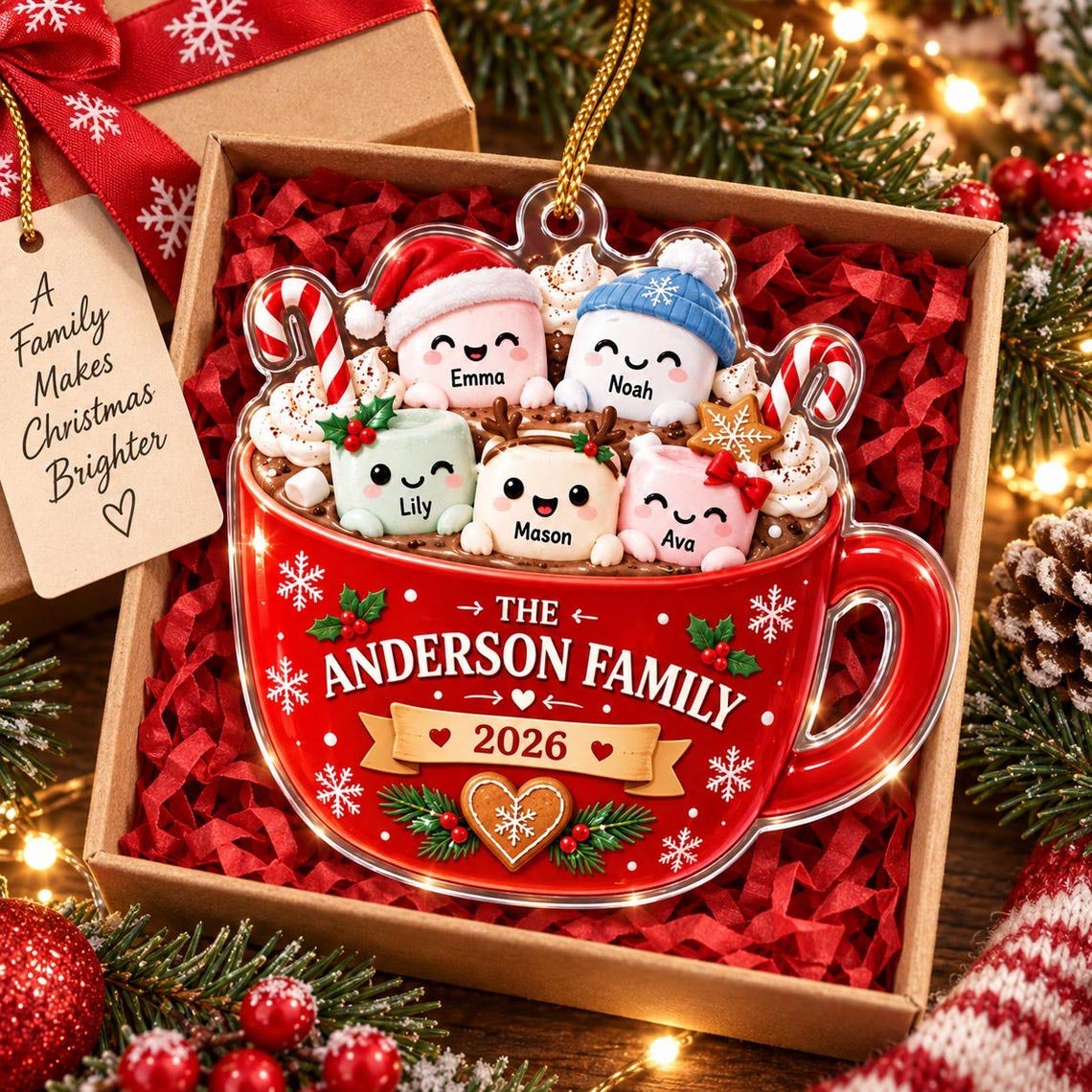 Christmas Hot Cocoa Family Custom Name Date Family Acrylic Ornament