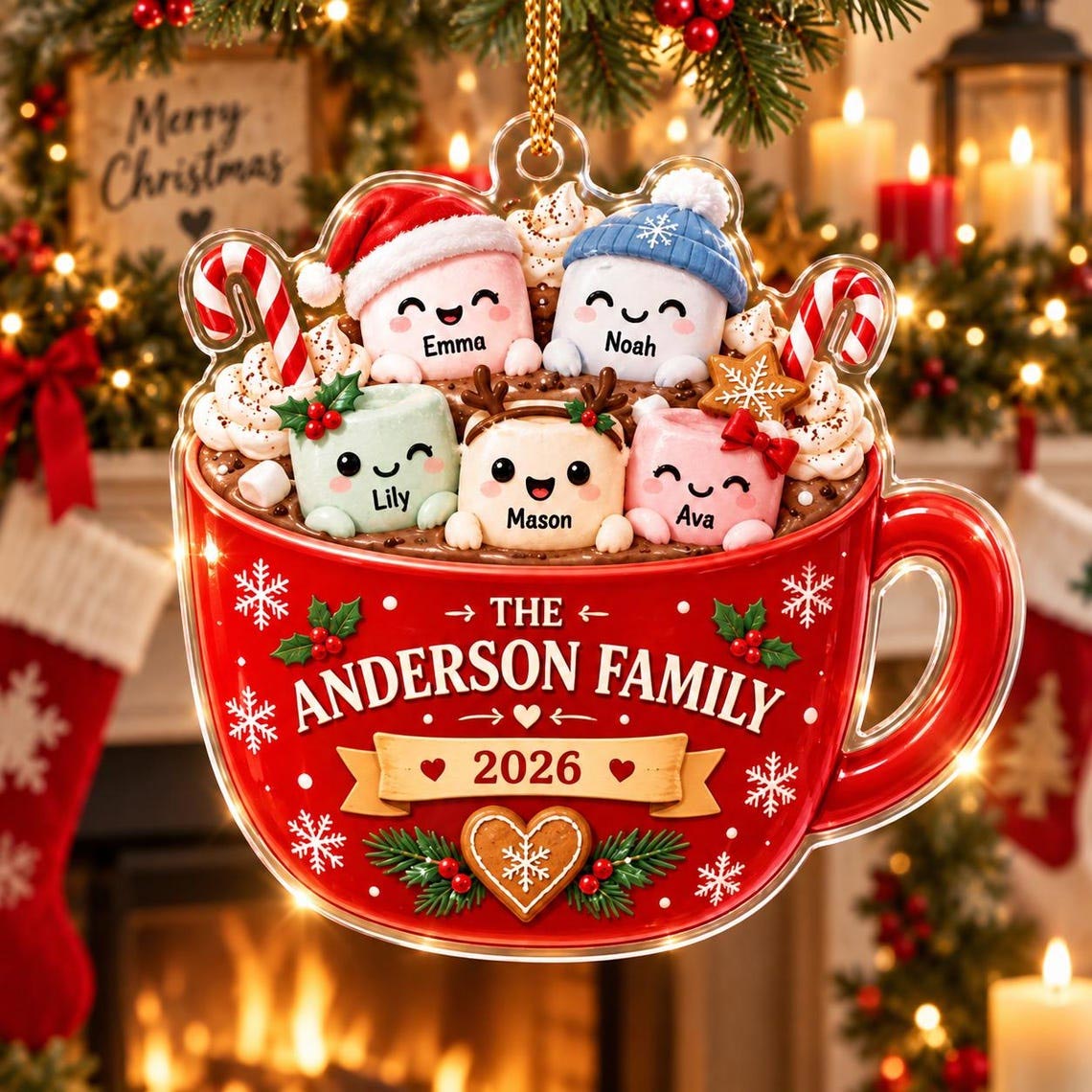 Christmas Hot Cocoa Family Custom Name Date Family Acrylic Ornament