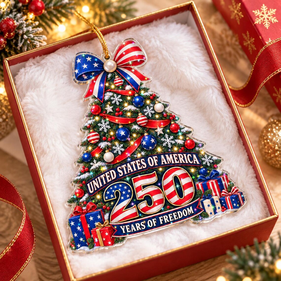 USA Eagle Patriotic Christmas Tree 1776-2026 America's 250th Starburst Hologram Christmas Ornament