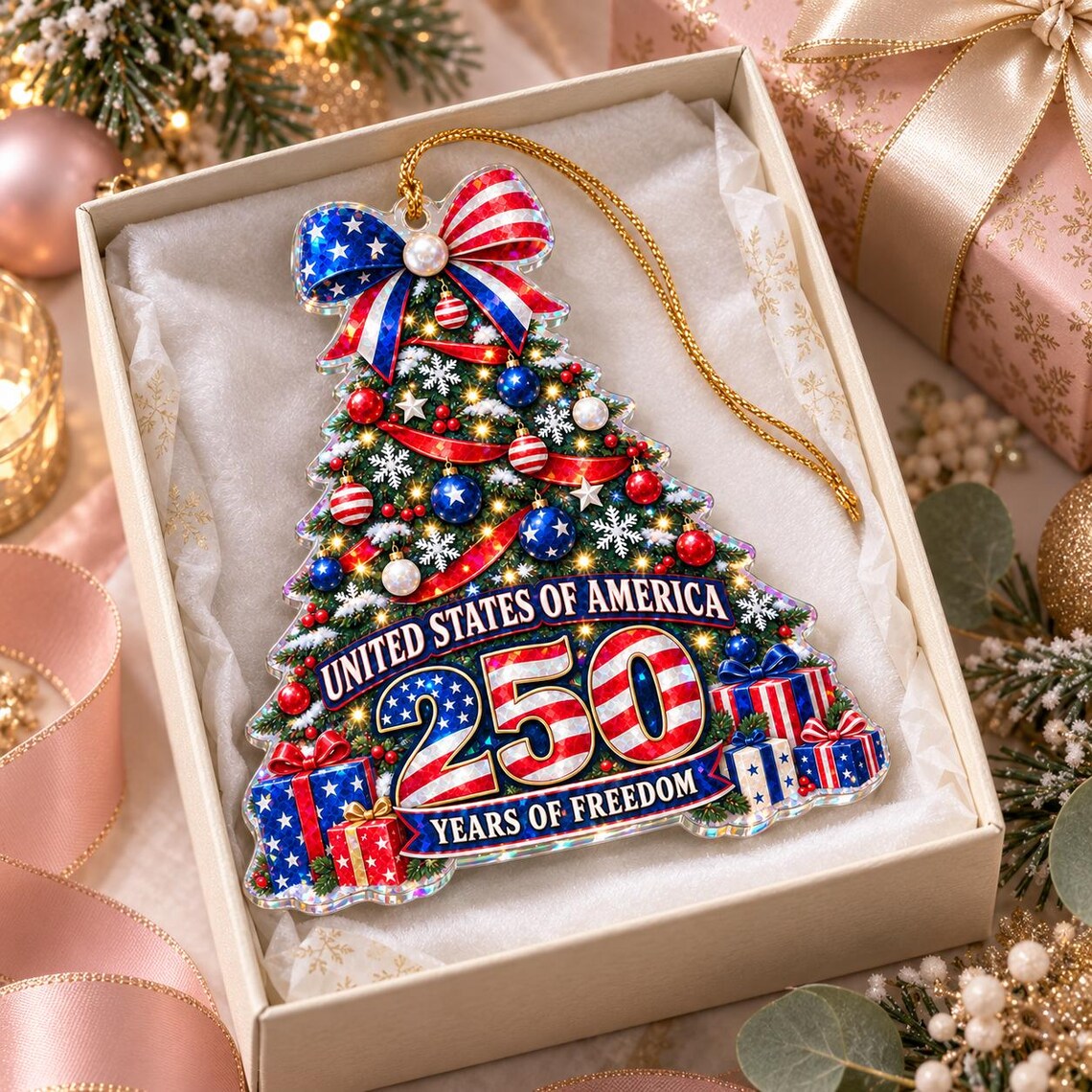USA Eagle Patriotic Christmas Tree 1776-2026 America's 250th Starburst Hologram Christmas Ornament