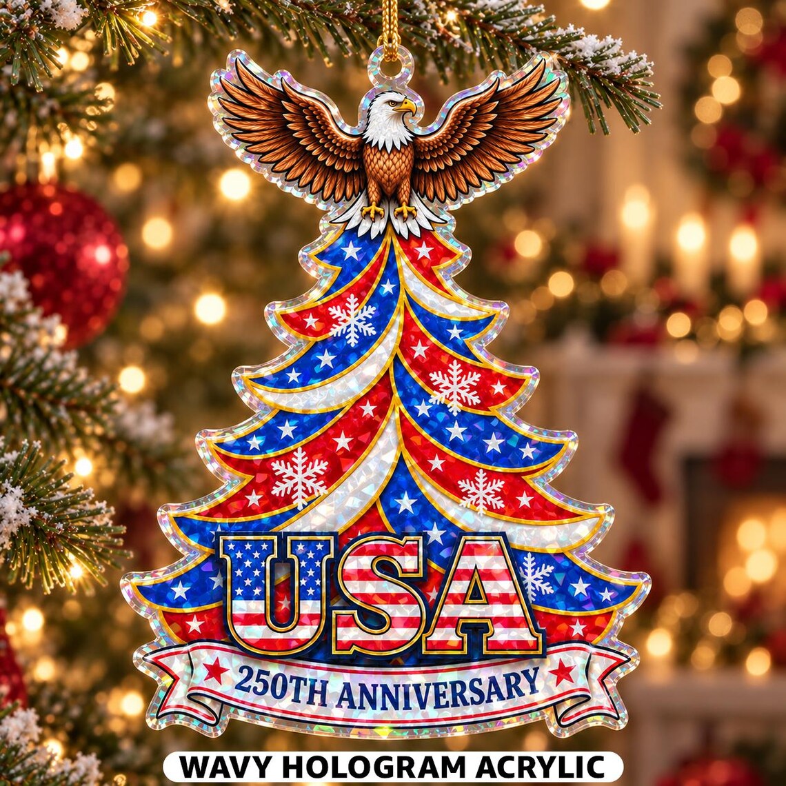 USA Eagle Patriotic Christmas Tree 1776-2026 America's 250th Starburst Hologram Christmas Ornament