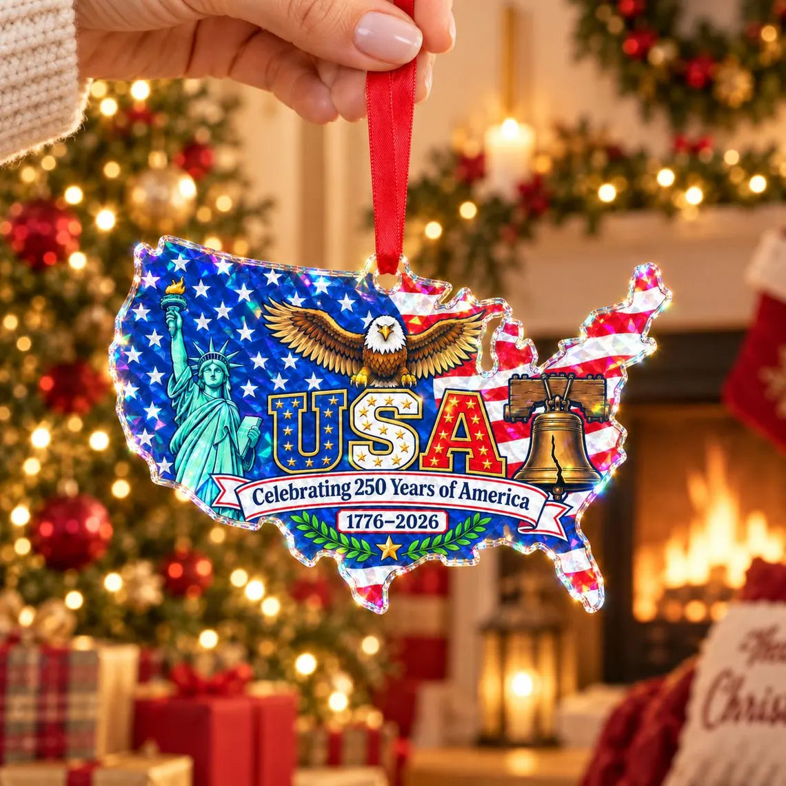 USA Map Eagle 1776-2026 America's 250th Broken Glass Hologram Christmas Ornament