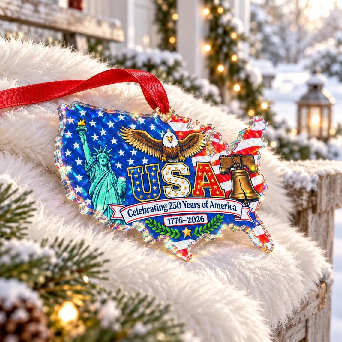 USA Map Eagle 1776-2026 America's 250th Broken Glass Hologram Christmas Ornament