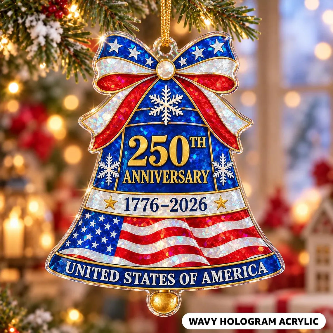 USA Map Eagle 1776-2026 America's 250th Broken Glass Hologram Christmas Ornament