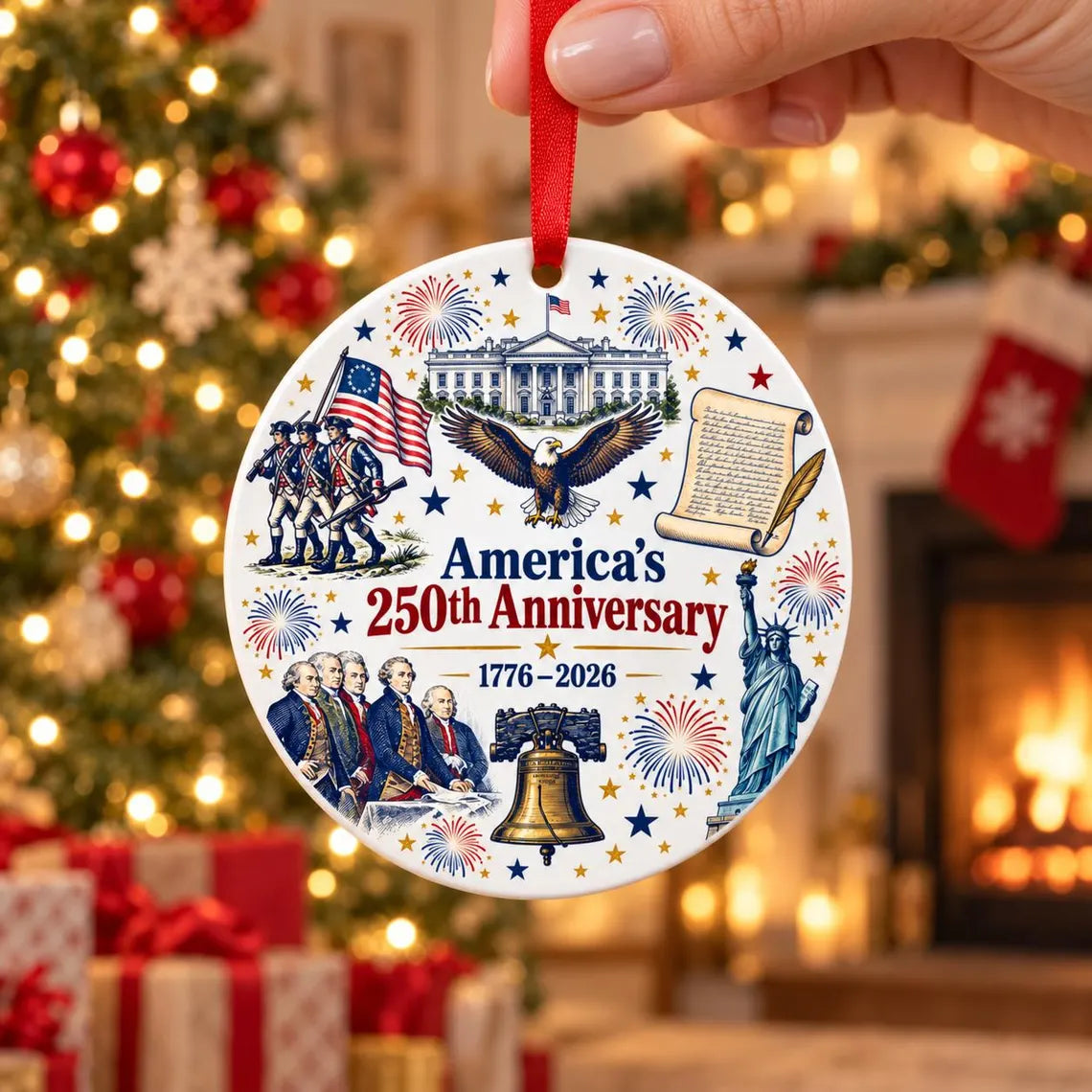 1776-2026 America's 250th Anniversary Patriotic Round Ceramic Christmas Ornament