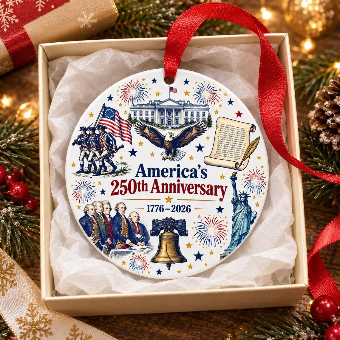 1776-2026 America's 250th Anniversary Patriotic Round Ceramic Christmas Ornament