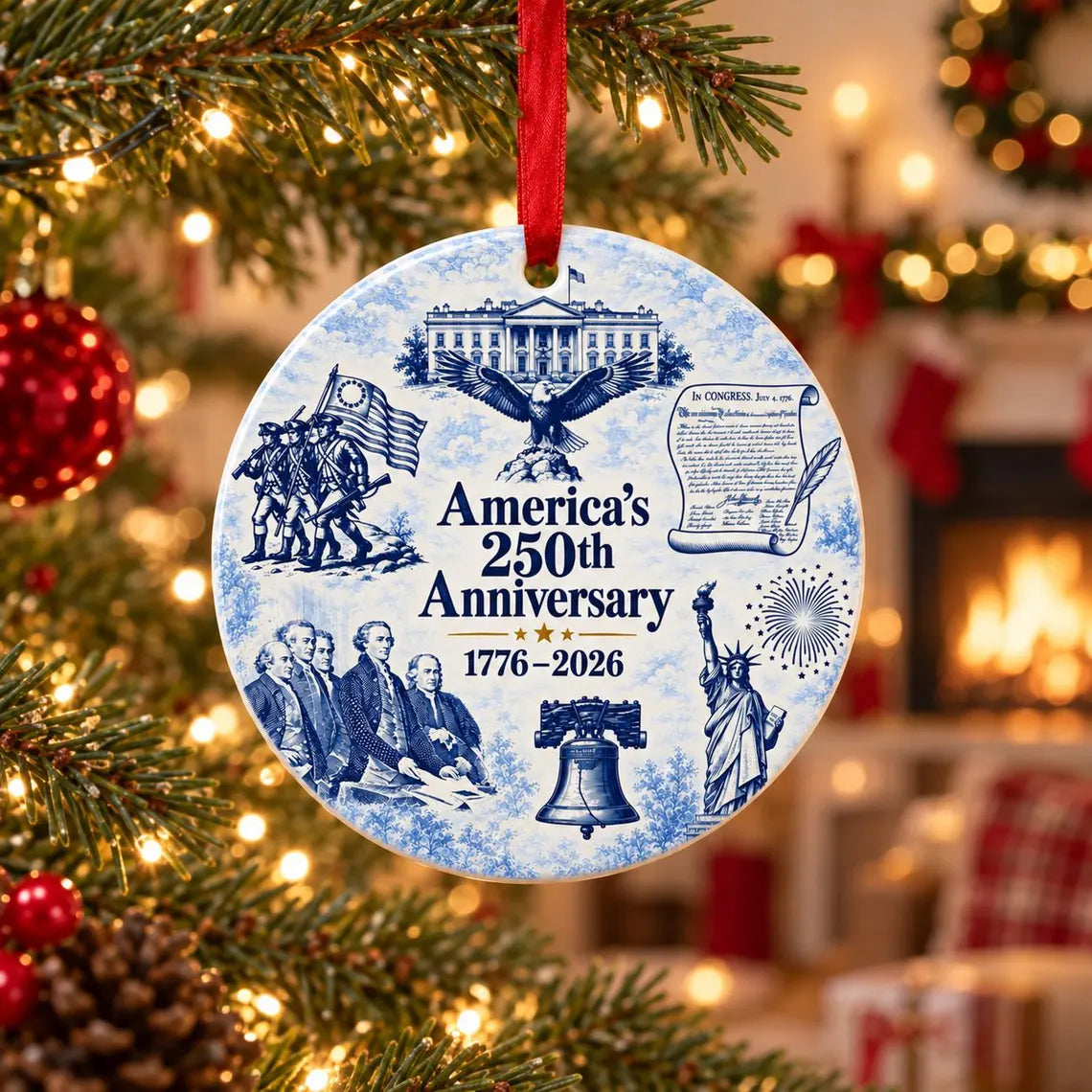 1776-2026 America's 250th Anniversary Patriotic Round Ceramic Christmas Ornament