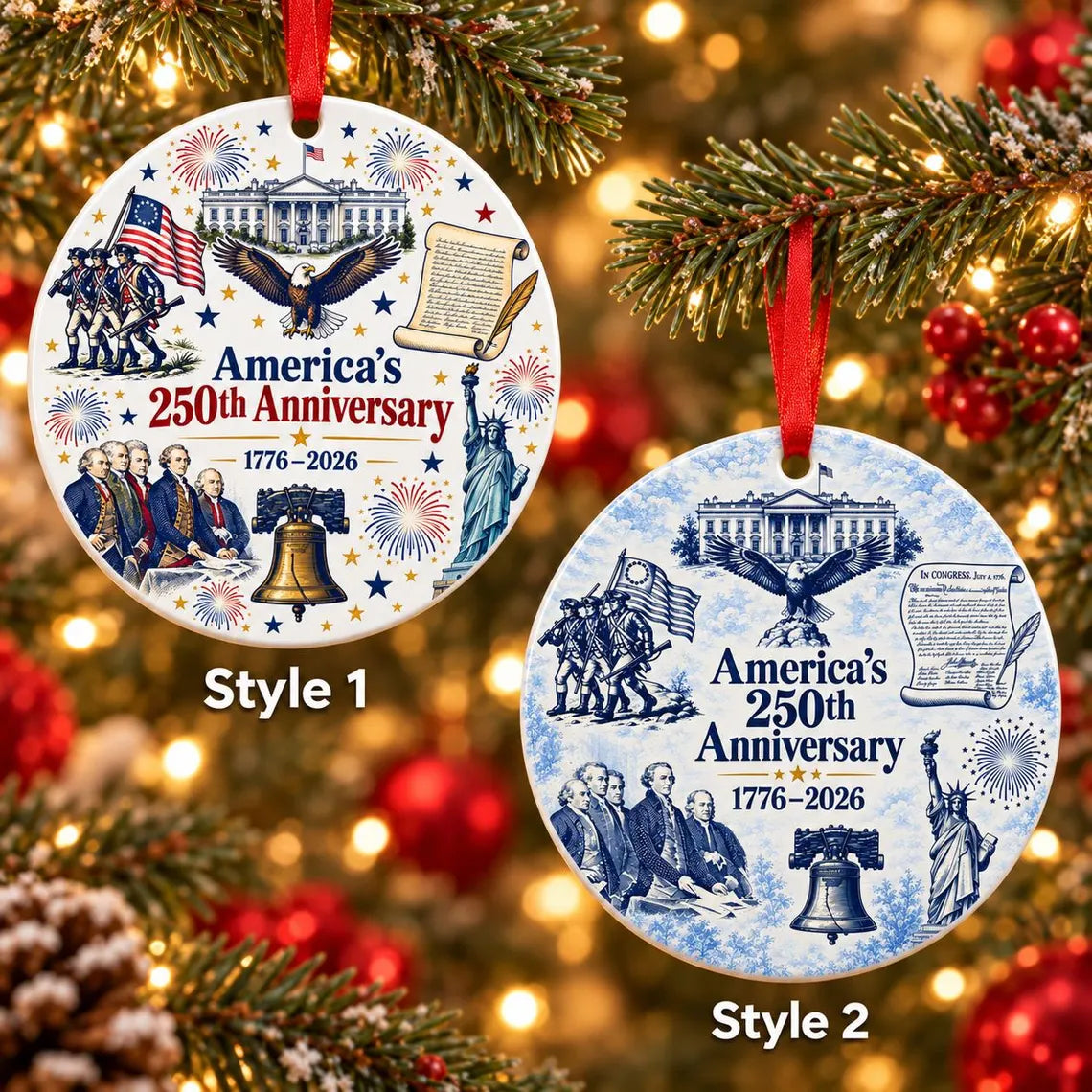 1776-2026 America's 250th Anniversary Patriotic Round Ceramic Christmas Ornament