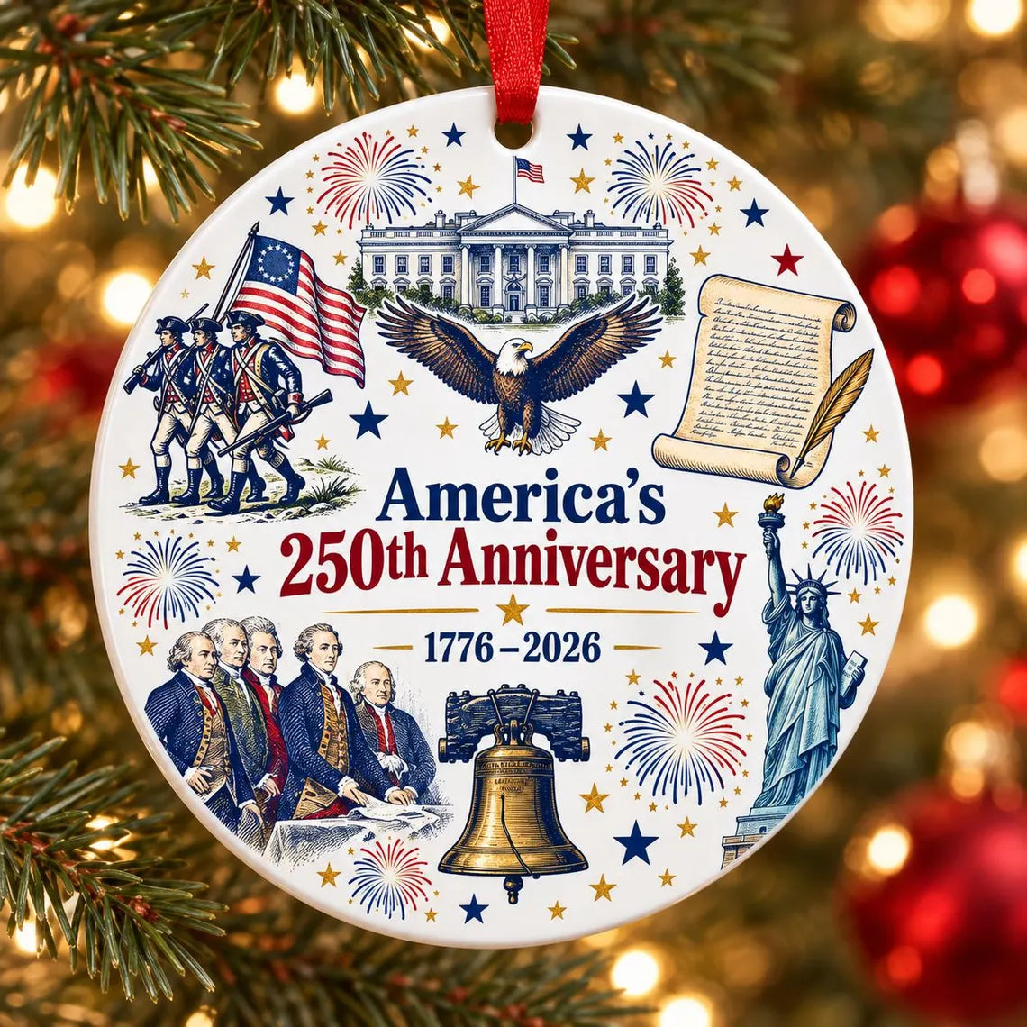 1776-2026 America's 250th Anniversary Patriotic Round Ceramic Christmas Ornament