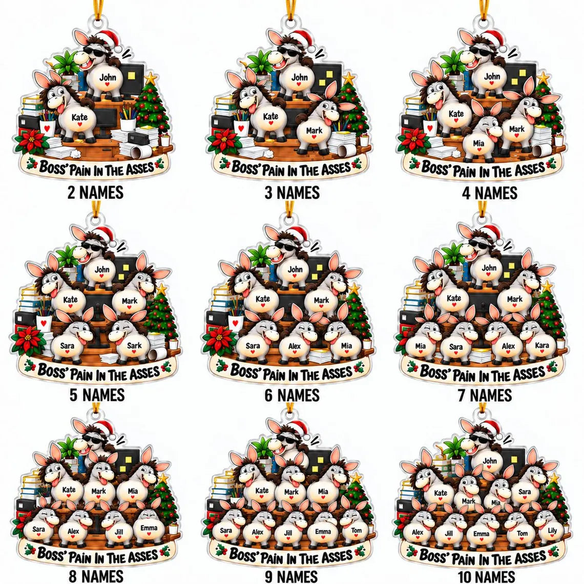 Boss Pain in the Asses Donkey Team Custom Names Occupation Acrylic Christmas Ornament Funny Coworker Gift Office Holiday Decor
