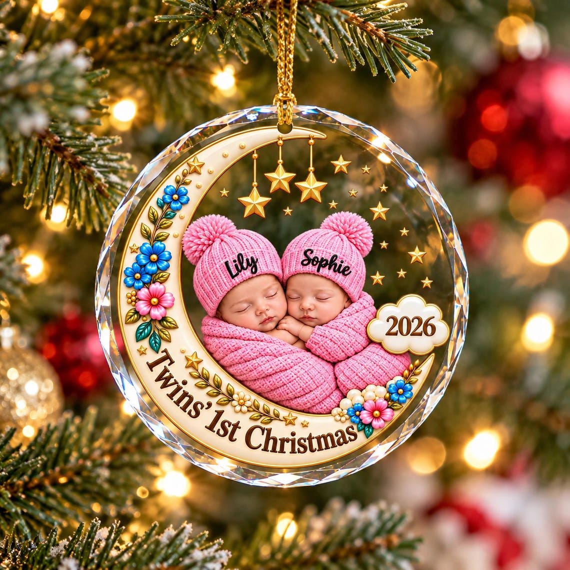 Twins 1st Christmas Custom Name Date Photo Baby's First Christmas Round Glass Christmas Ornament Twin Baby Keepsake Gift