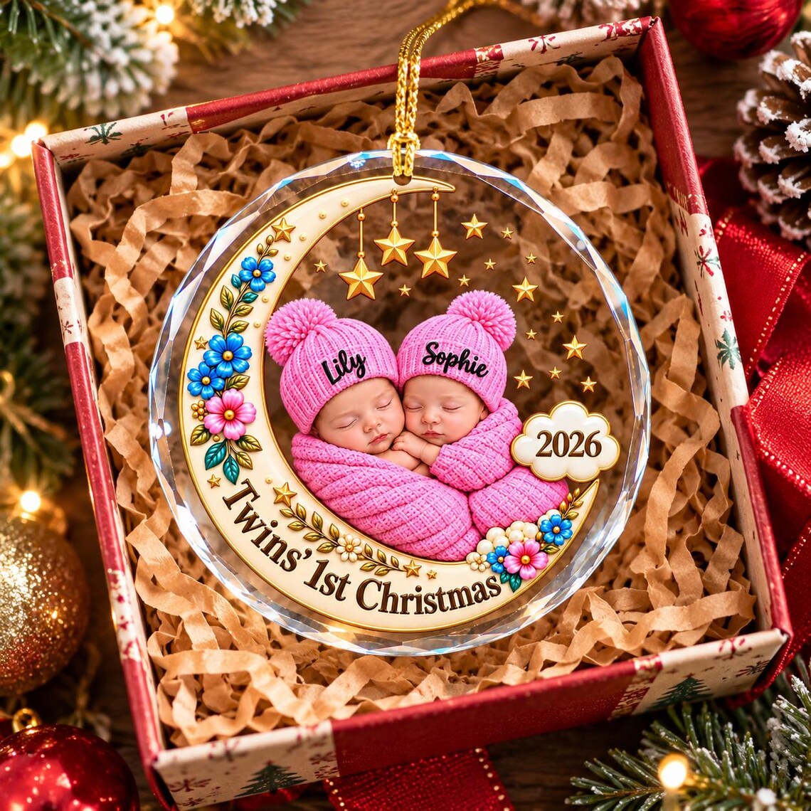Twins 1st Christmas Custom Name Date Photo Baby's First Christmas Round Glass Christmas Ornament Twin Baby Keepsake Gift