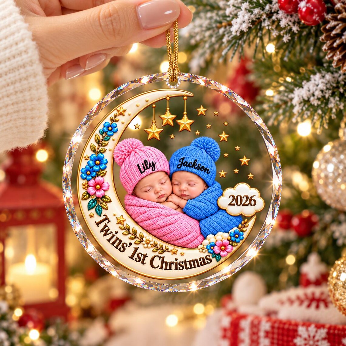 Twins 1st Christmas Custom Name Date Photo Baby's First Christmas Round Glass Christmas Ornament Twin Baby Keepsake Gift