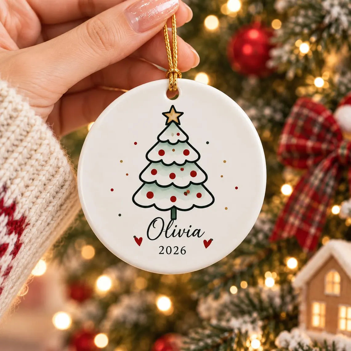 Minimal Christmas Tree 2026 Custom Name Round Ceramic Christmas Ornament