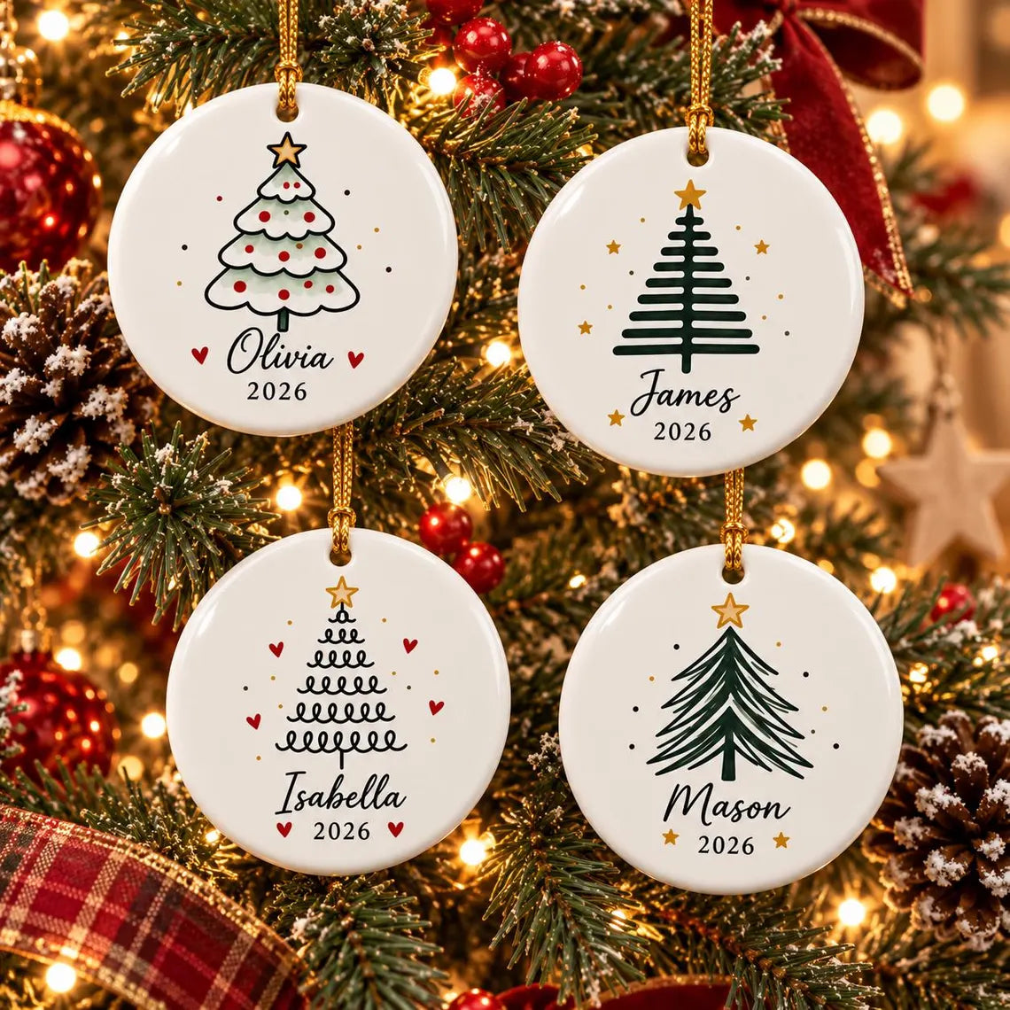 Minimal Christmas Tree 2026 Custom Name Round Ceramic Christmas Ornament