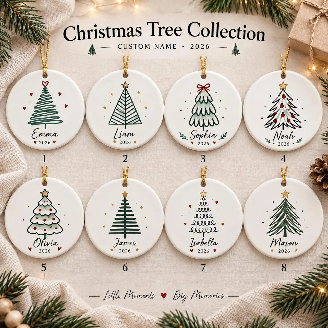 Minimal Christmas Tree 2026 Custom Name Round Ceramic Christmas Ornament