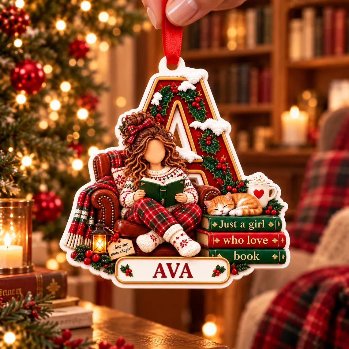 Christmas Book Lover Initial Custom Name Acrylic Christmas Ornament Reader Holiday Gift