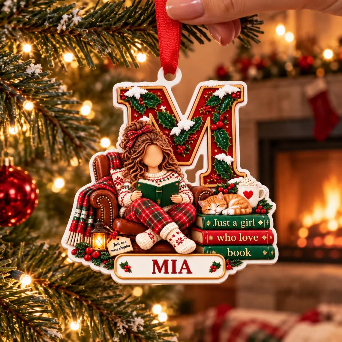 Christmas Book Lover Initial Custom Name Acrylic Christmas Ornament Reader Holiday Gift