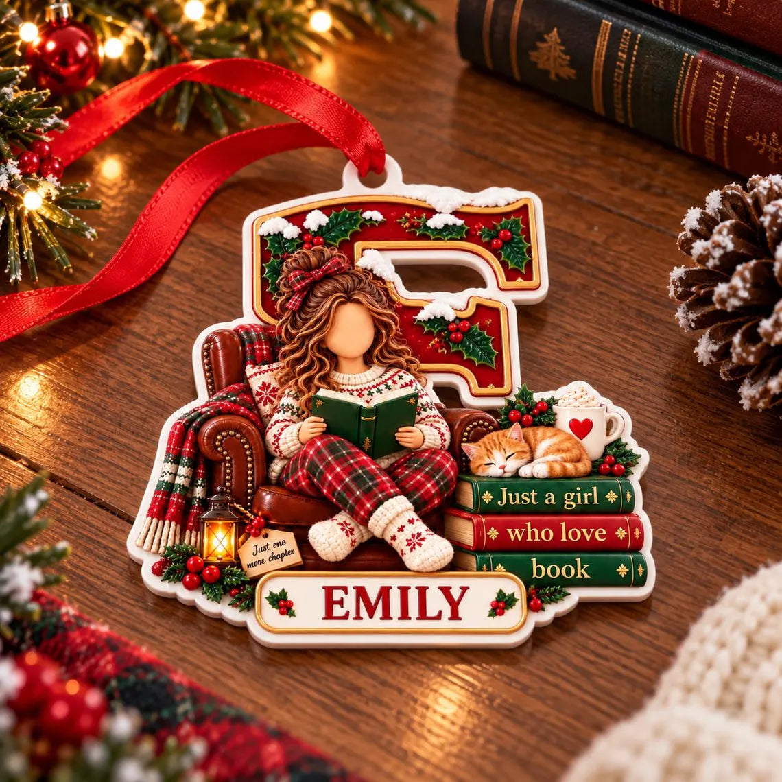 Christmas Book Lover Initial Custom Name Acrylic Christmas Ornament Reader Holiday Gift
