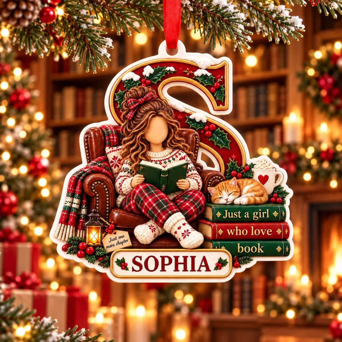 Christmas Book Lover Initial Custom Name Acrylic Christmas Ornament Reader Holiday Gift