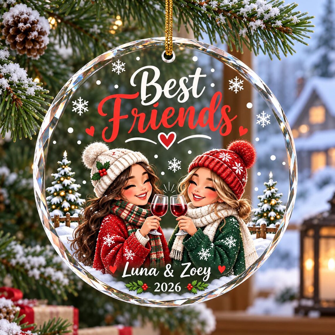Best Friends Christmas 2026 Custom Name Friendship Round Glass Christmas Ornament